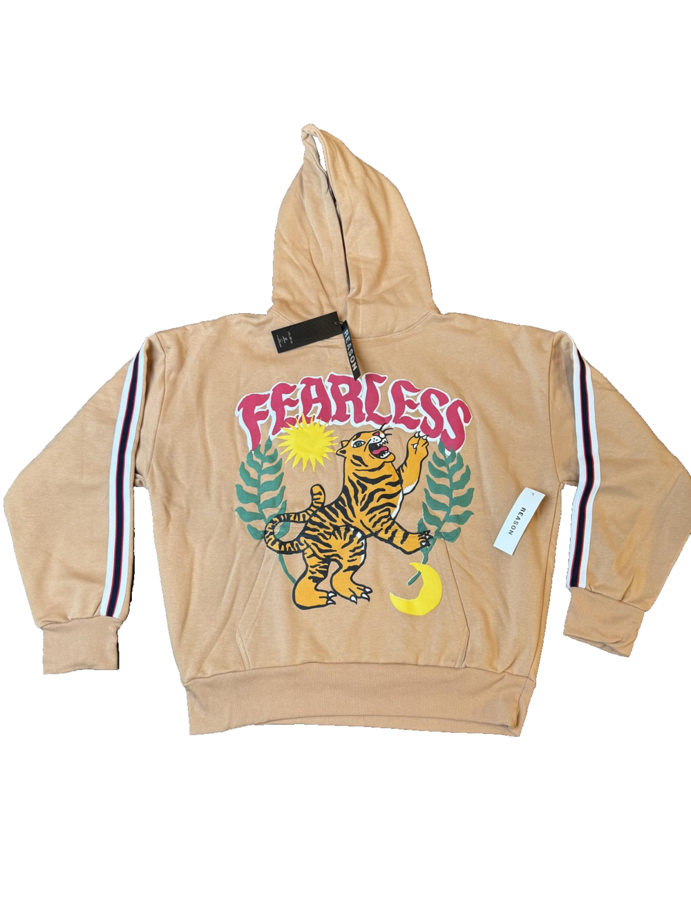 Reason Hoodie Mens Large Khaki Fearless Tiger Graphic Pullover Sweatshirt F3-54